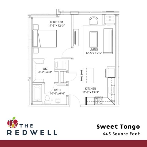Floor plan for 1 bed, 1 bath, 645 sqft